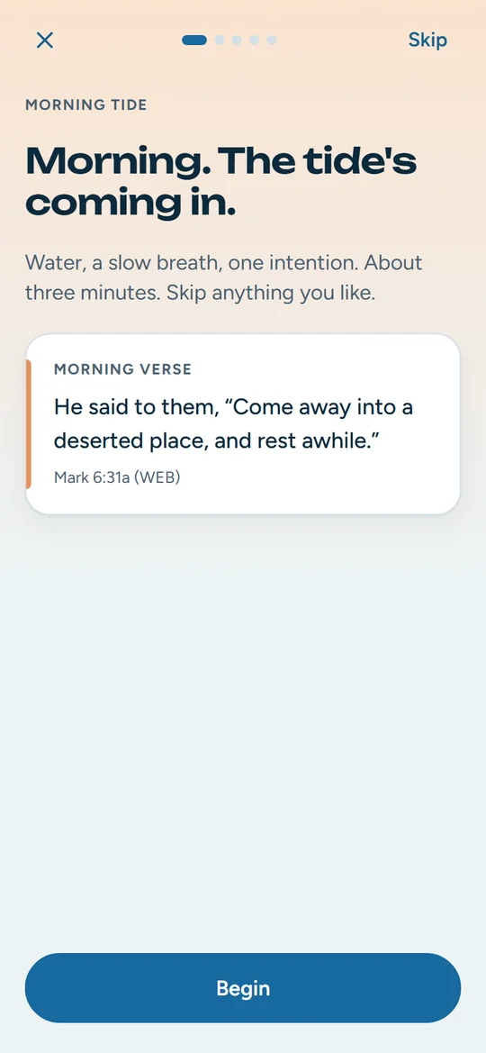 Morning Tide screen: 'Morning. The tide's coming in.' with a Bible verse card.