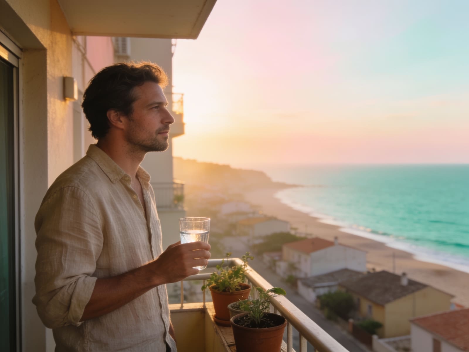 A man on a balcony at sunrise holding a glass of water, looking out at the sea.