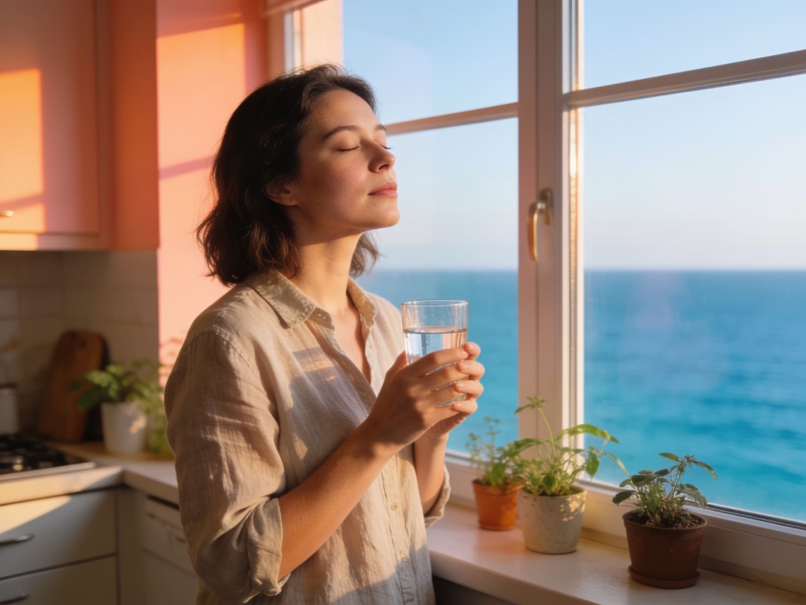 A woman by a sunlit kitchen window holding a glass of water, eyes closed.